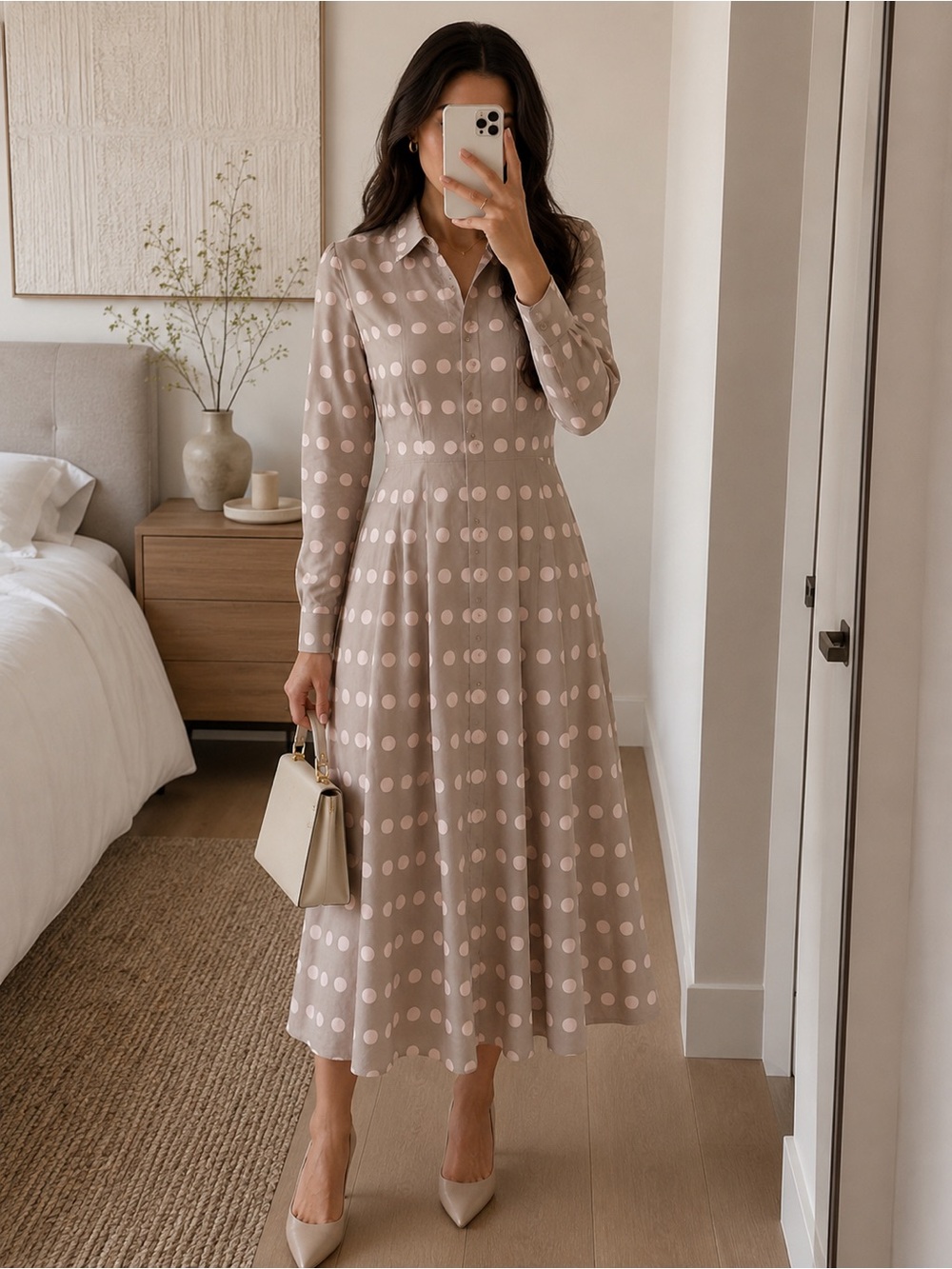 Max Mara Made in Italy Polka Dot Cotton Shirt Midi Dress Taupe Pink Size 4
